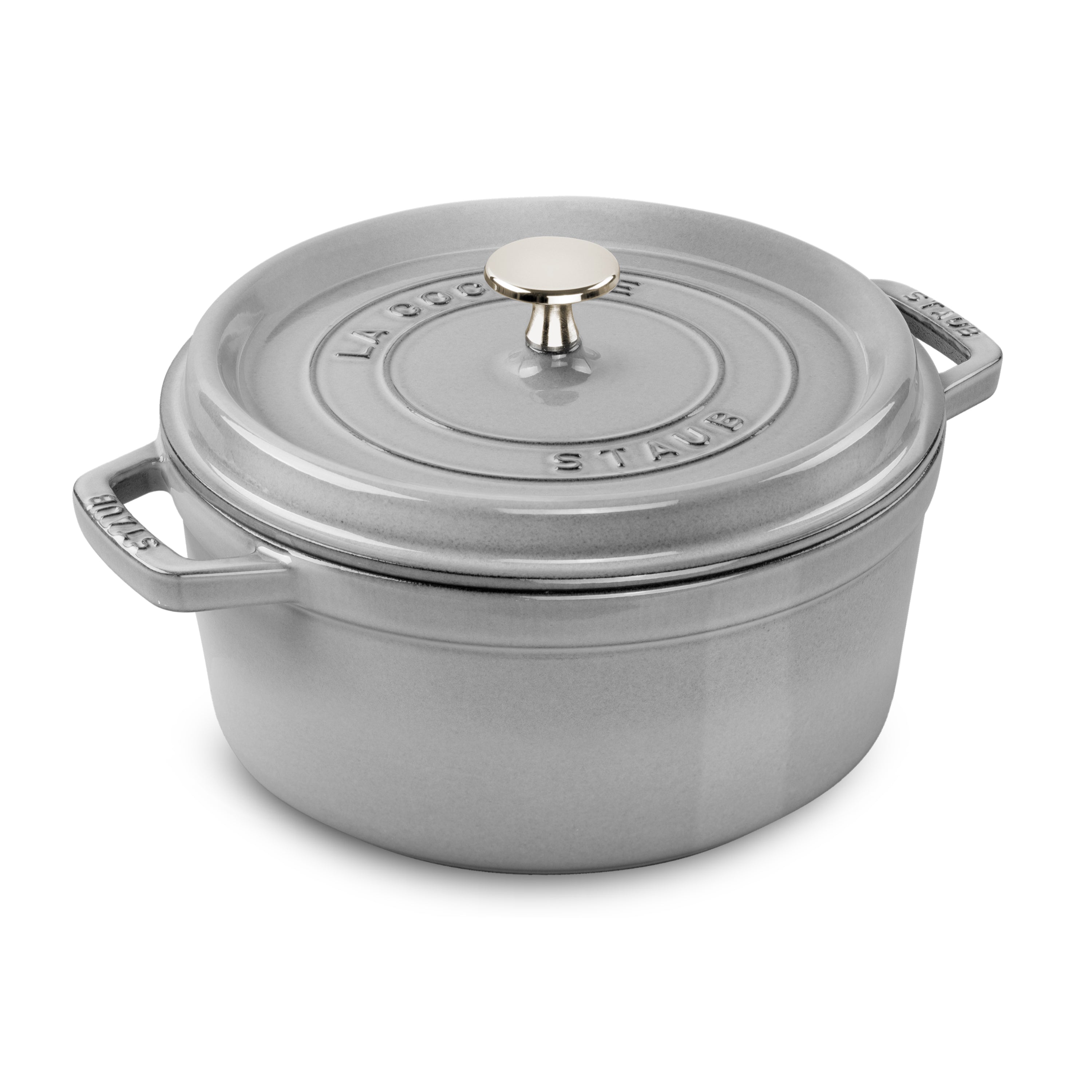 Graphite gray enameled cast iron Dutch oven showcasing its sleek design and nickel-plated knob.