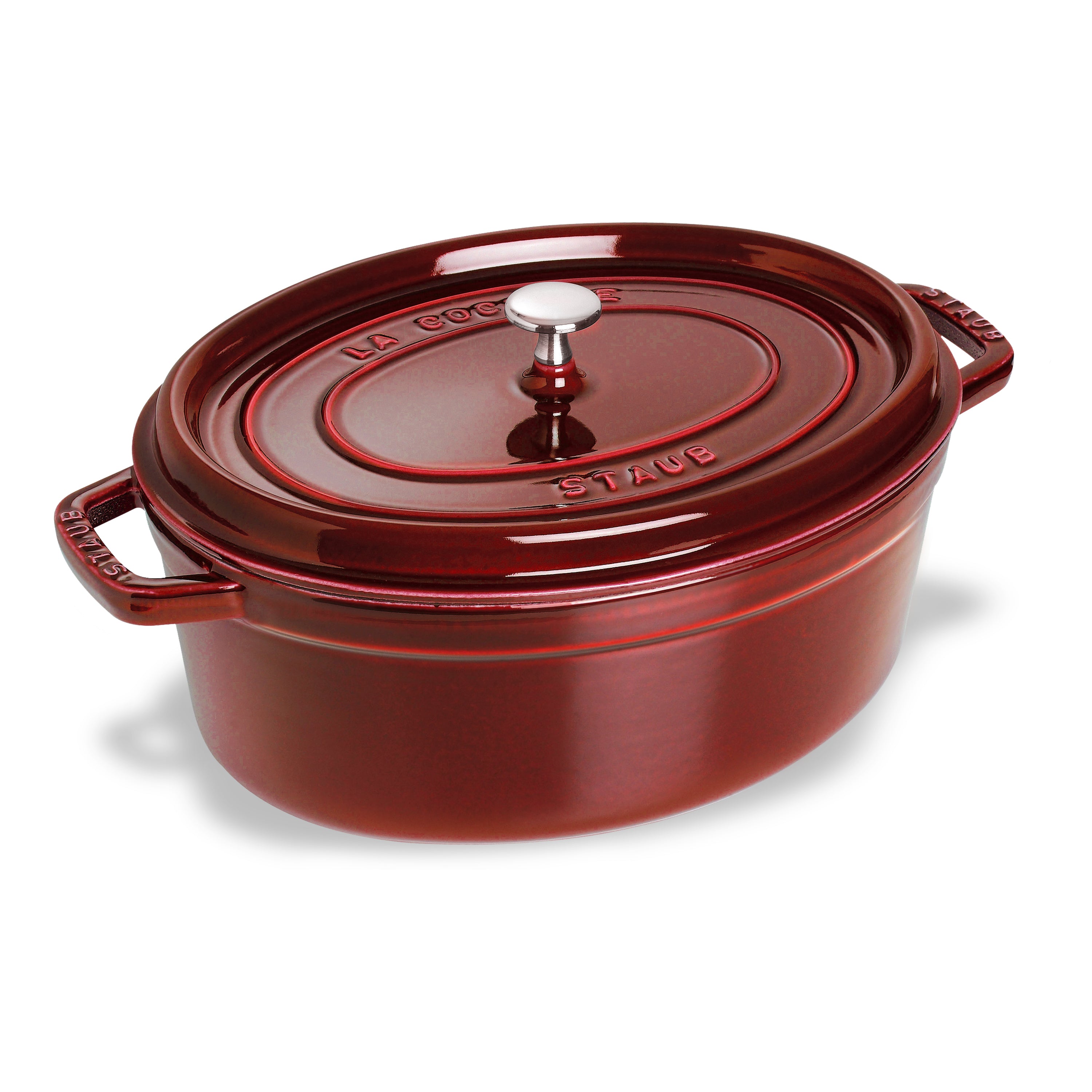 Staub Grenadine 7-quart oval Dutch oven from a side angle, highlighting the matte enamel finish.