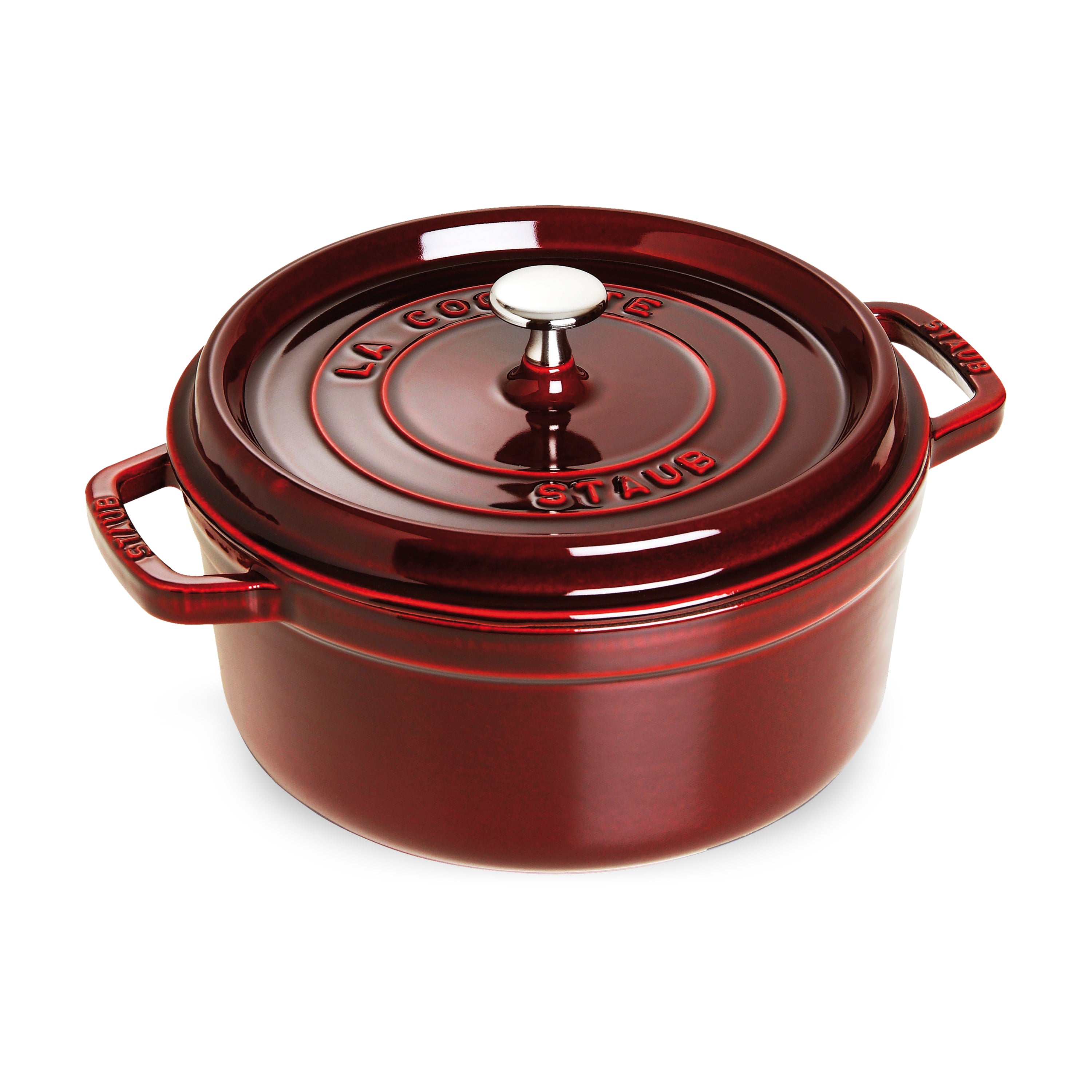 Elegant 7-quart enameled Dutch oven in Grenadine color, showcasing its sleek design and nickel-plated knob.