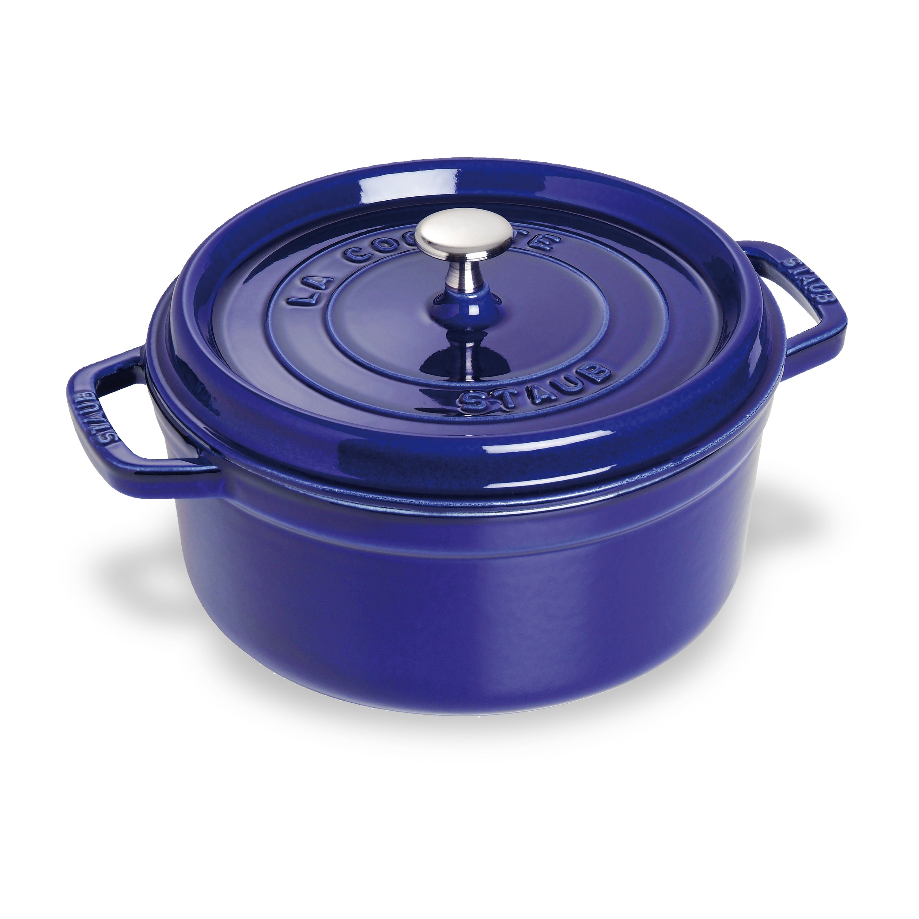 Top view of the Staub sapphire blue dutch oven showcasing nickel-plated lid knob and enamel finish