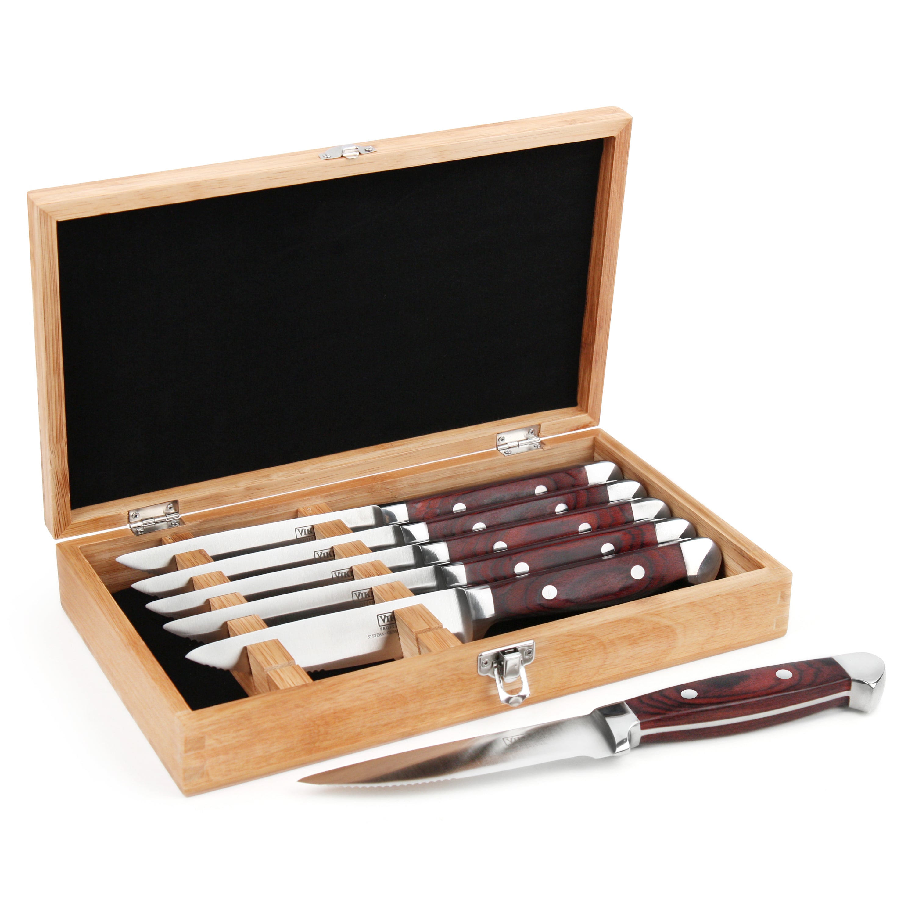 Viking serrated steak knife set with Pakkawood handles, displayed in a presentation case.