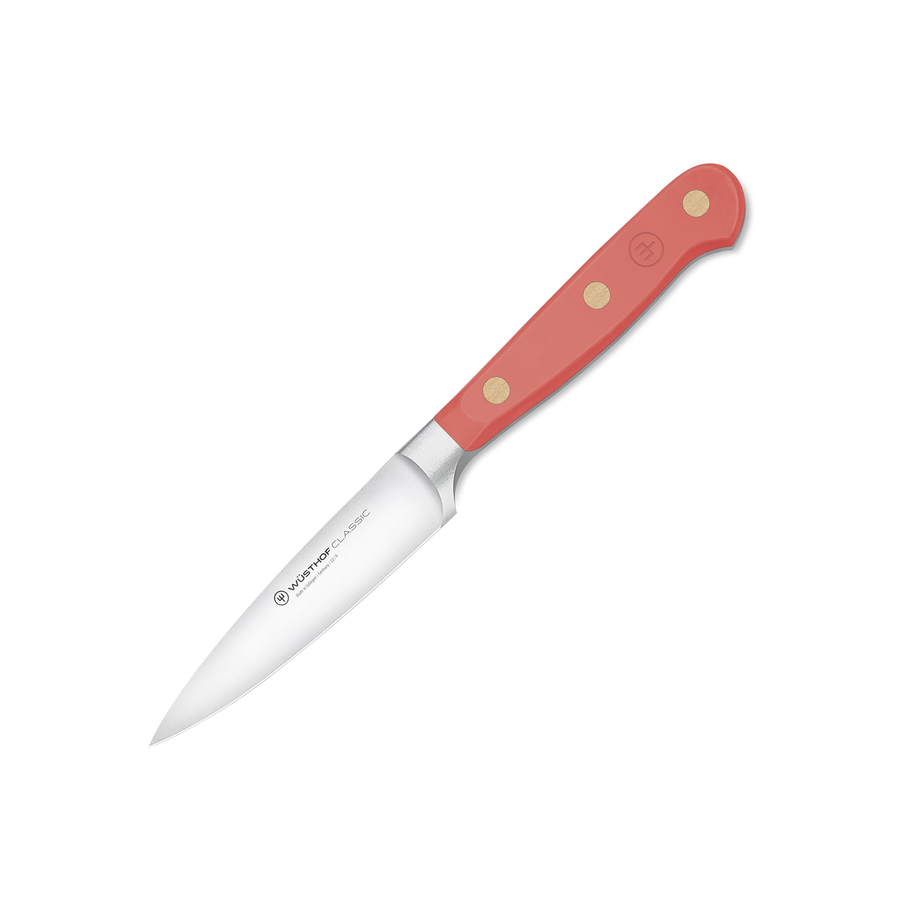Wusthof Classic Coral Peach Paring Knife from above showing the sharp blade and handle