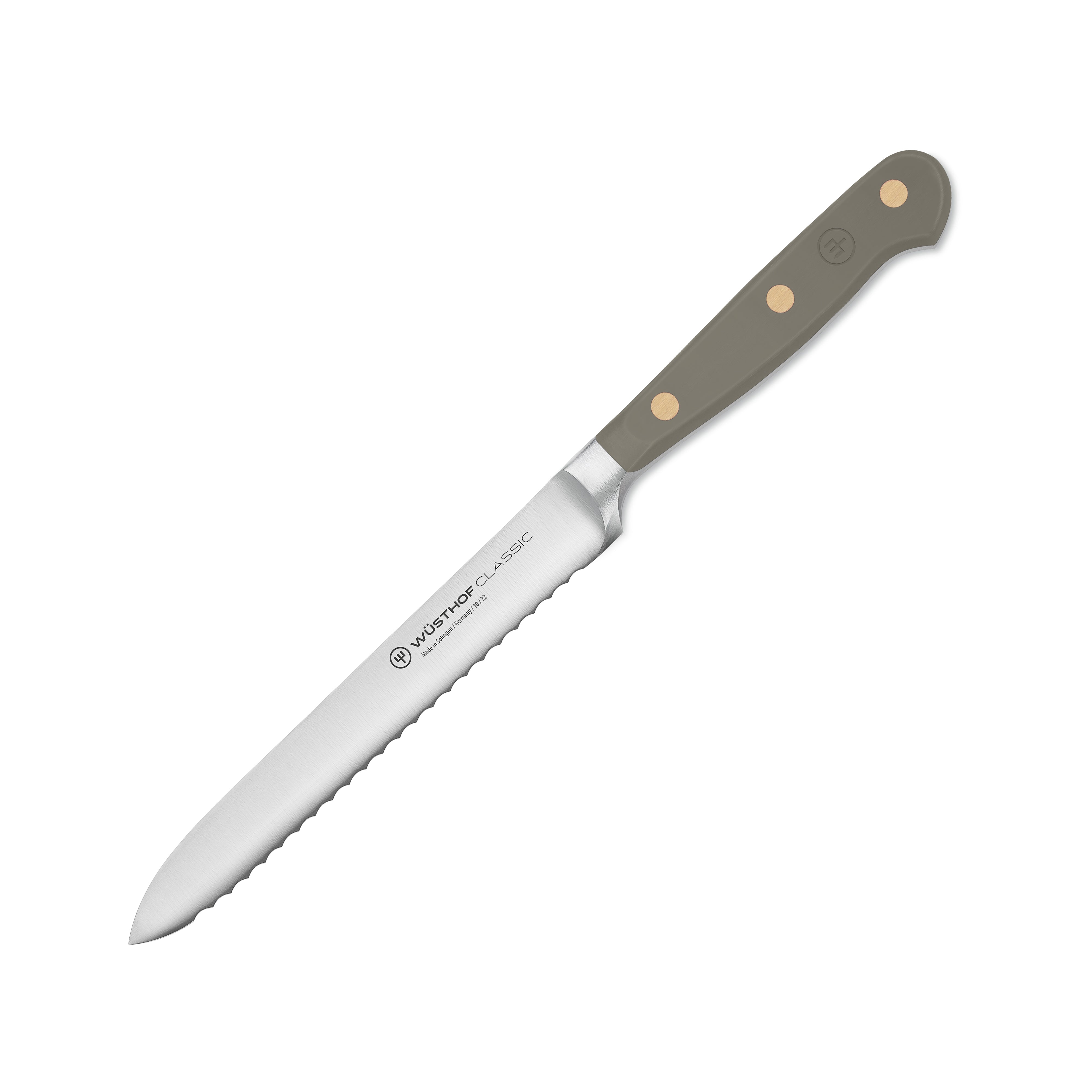 Wusthof Classic 5" Premium Serrated Utility Knife with a focus on the blade and handle design.