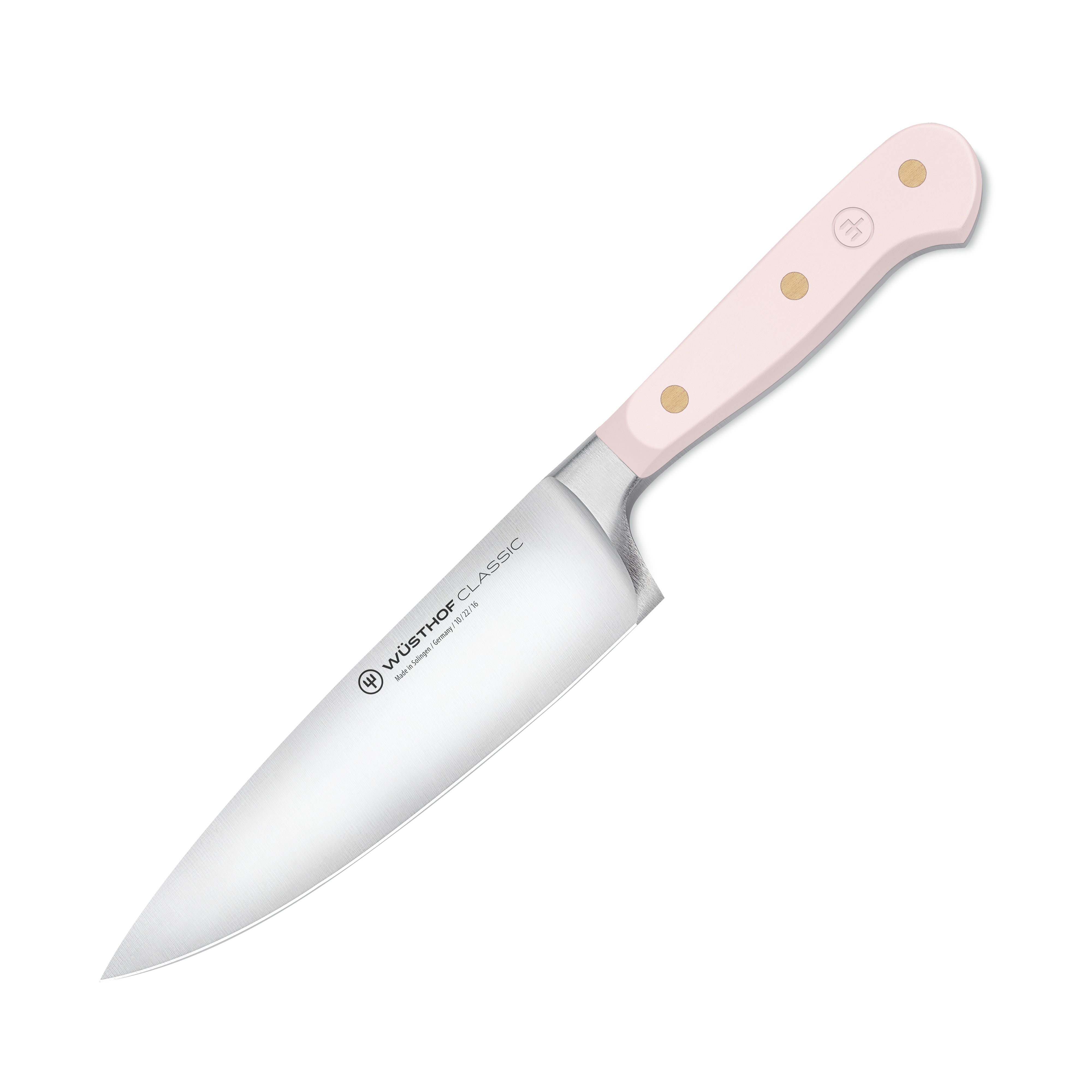 Close-up of the Wusthof Classic Himalayan Salt Chef Knife highlighting its sharp blade and ergonomic design.