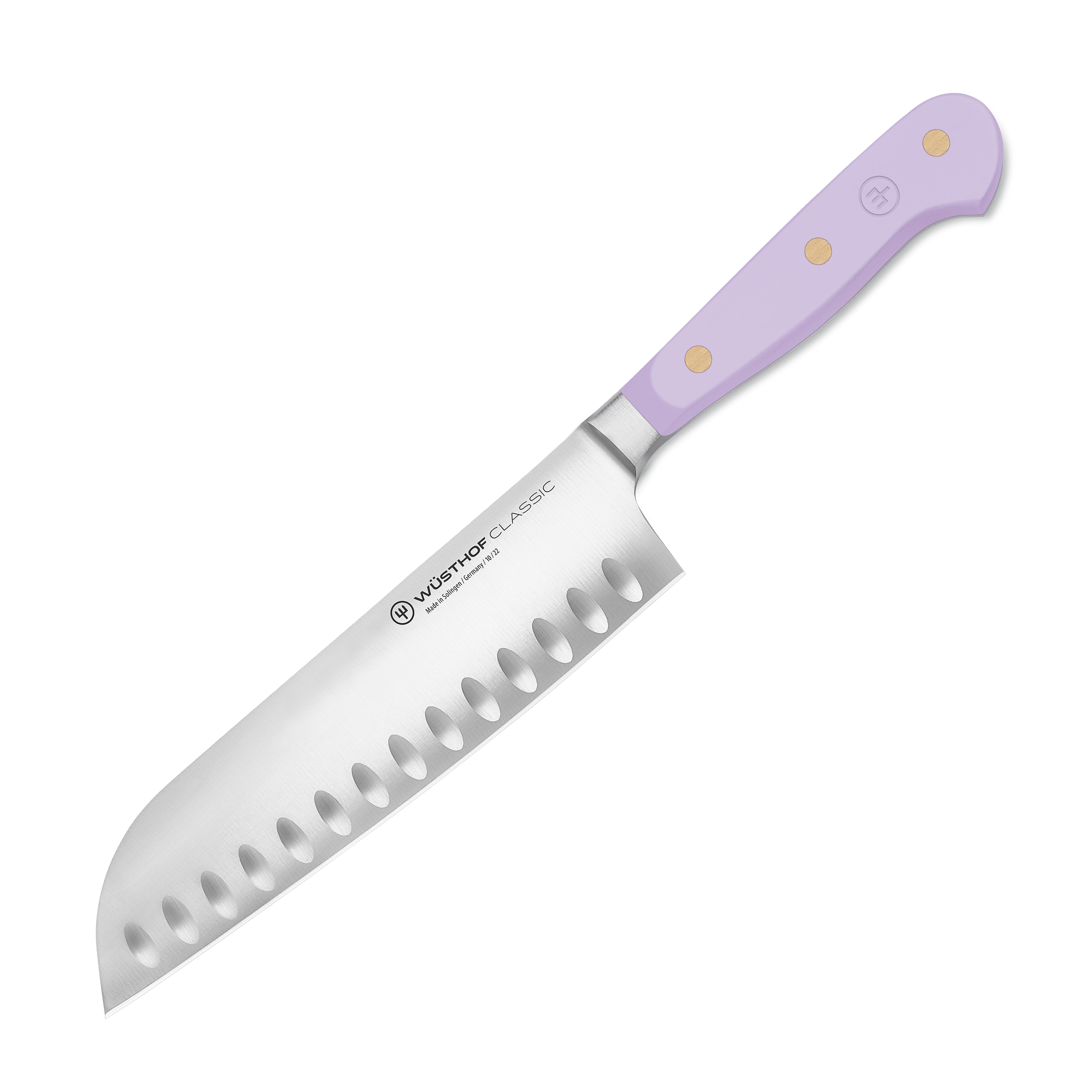 Wusthof Classic 7-Inch Santoku Knife with Purple Yam handle, angled view highlighting the sharp blade.