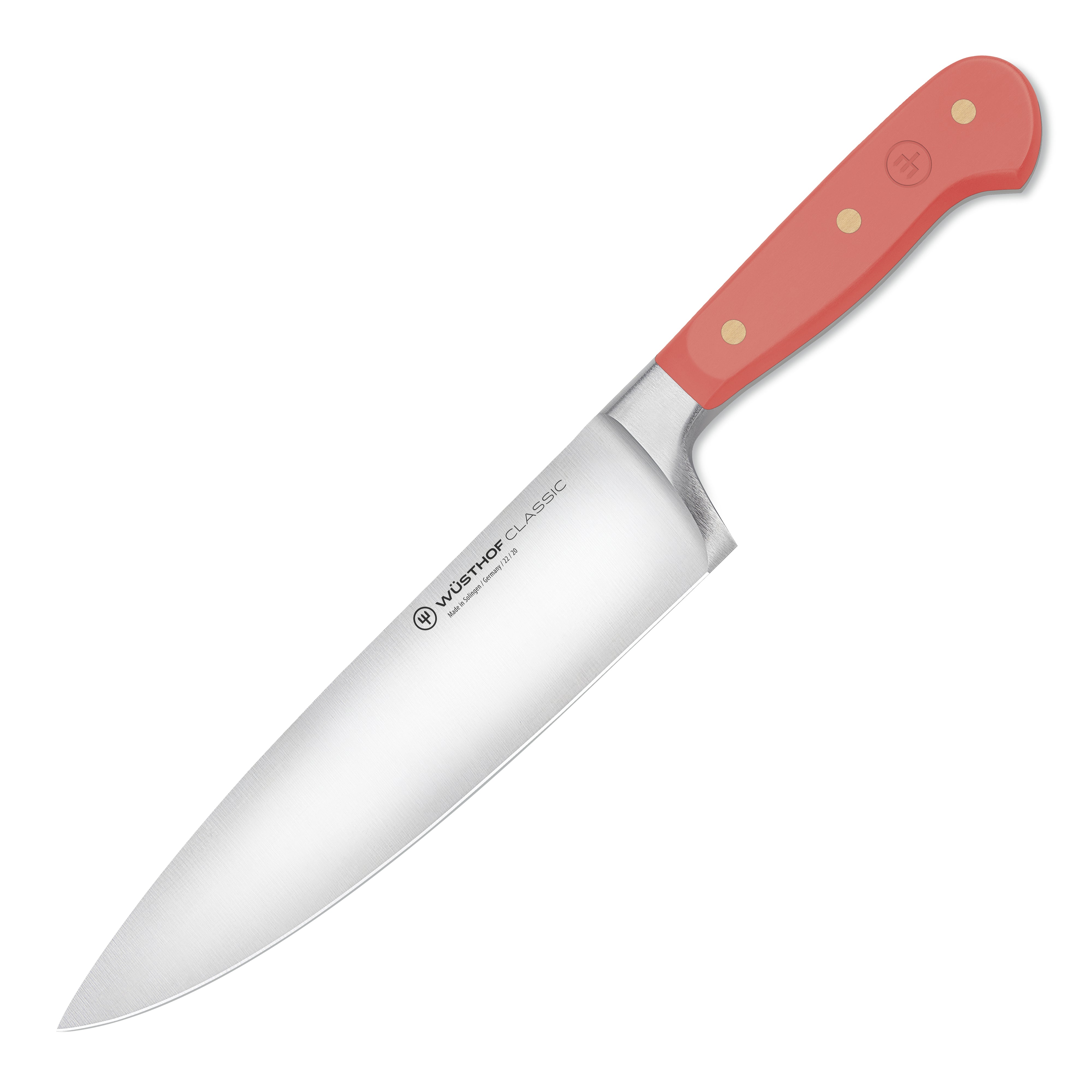 Wusthof Coral Peach Classic 8-Inch Chefs Knife from above, showcasing the sharp blade and ergonomic handle.