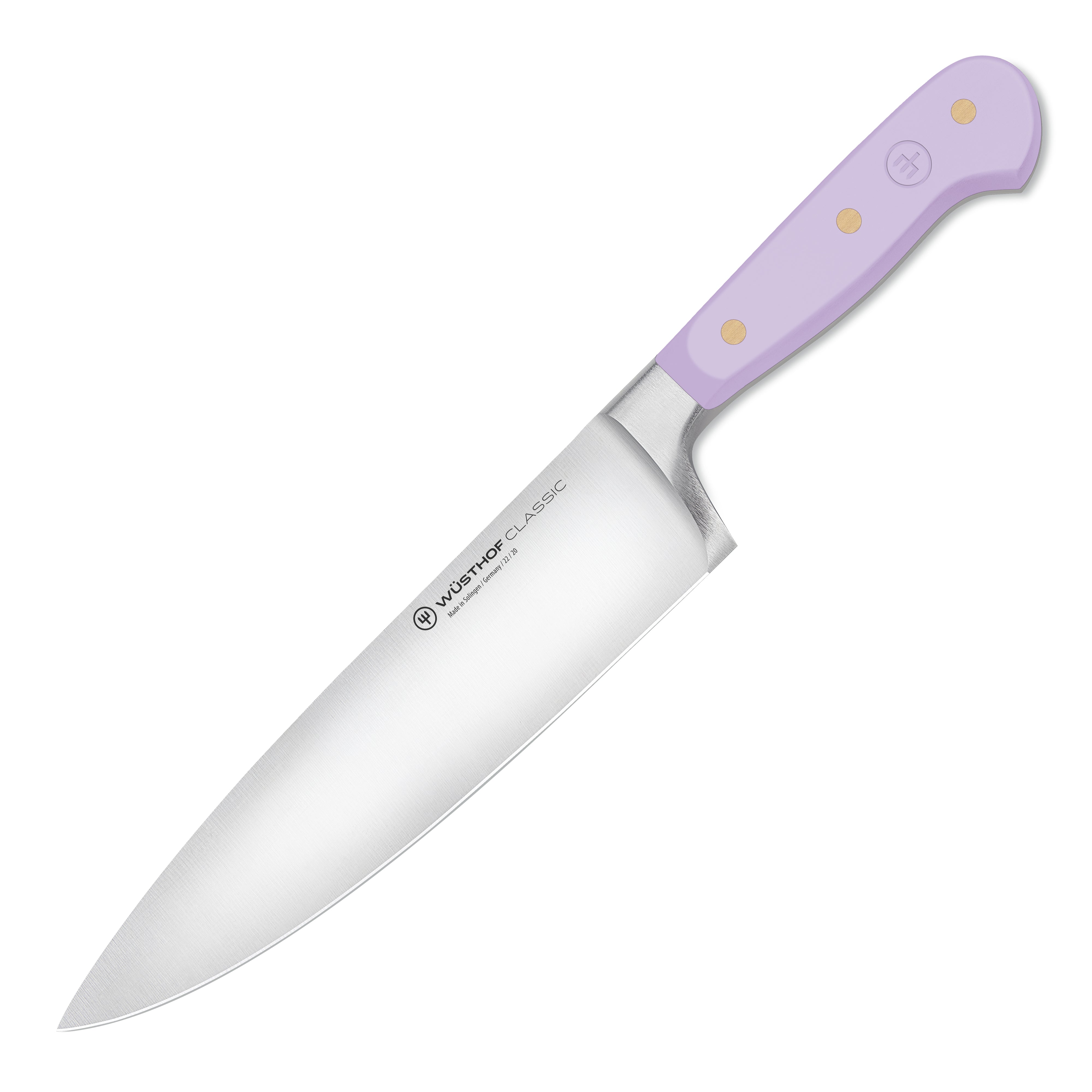 Close-up of Wusthof Classic Purple Yam 8" chefs knife showing high-carbon blade and brass rivets