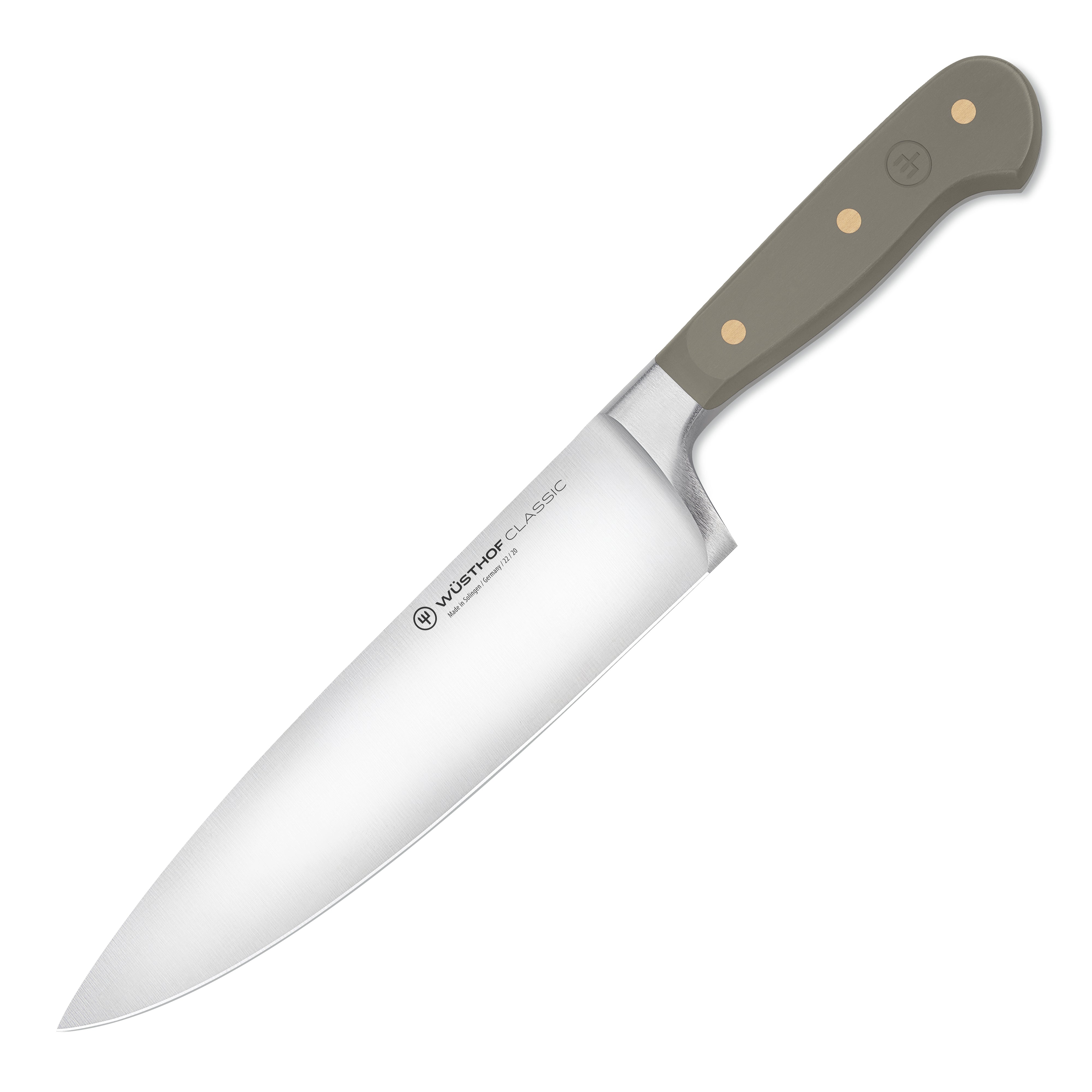 Front view of the Wusthof Classic 8-inch chefs knife highlighting its sharp blade and sturdy handle