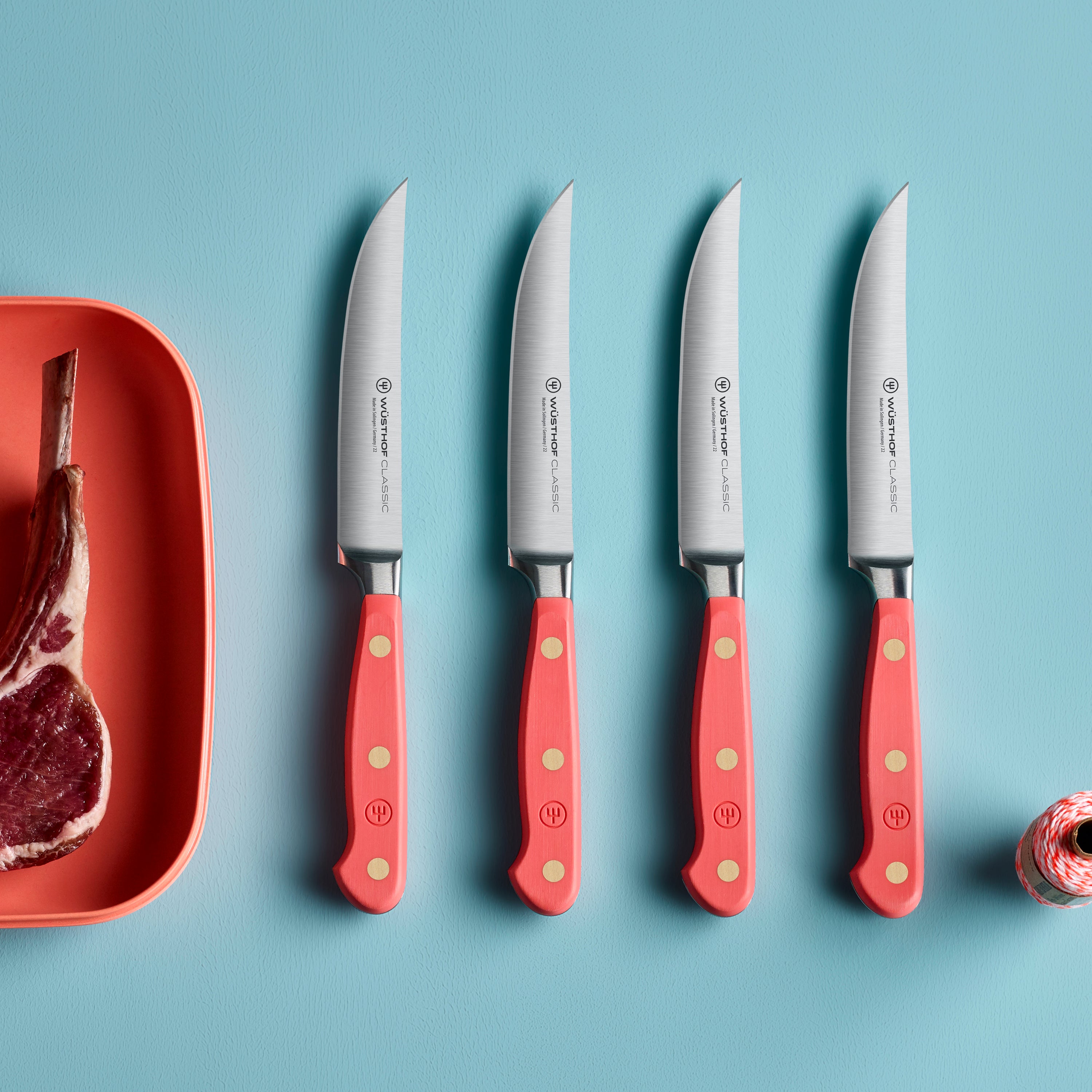 Side view of the Wusthof Coral Peach Steak Knife Set with the durable POM handle and brass rivets.