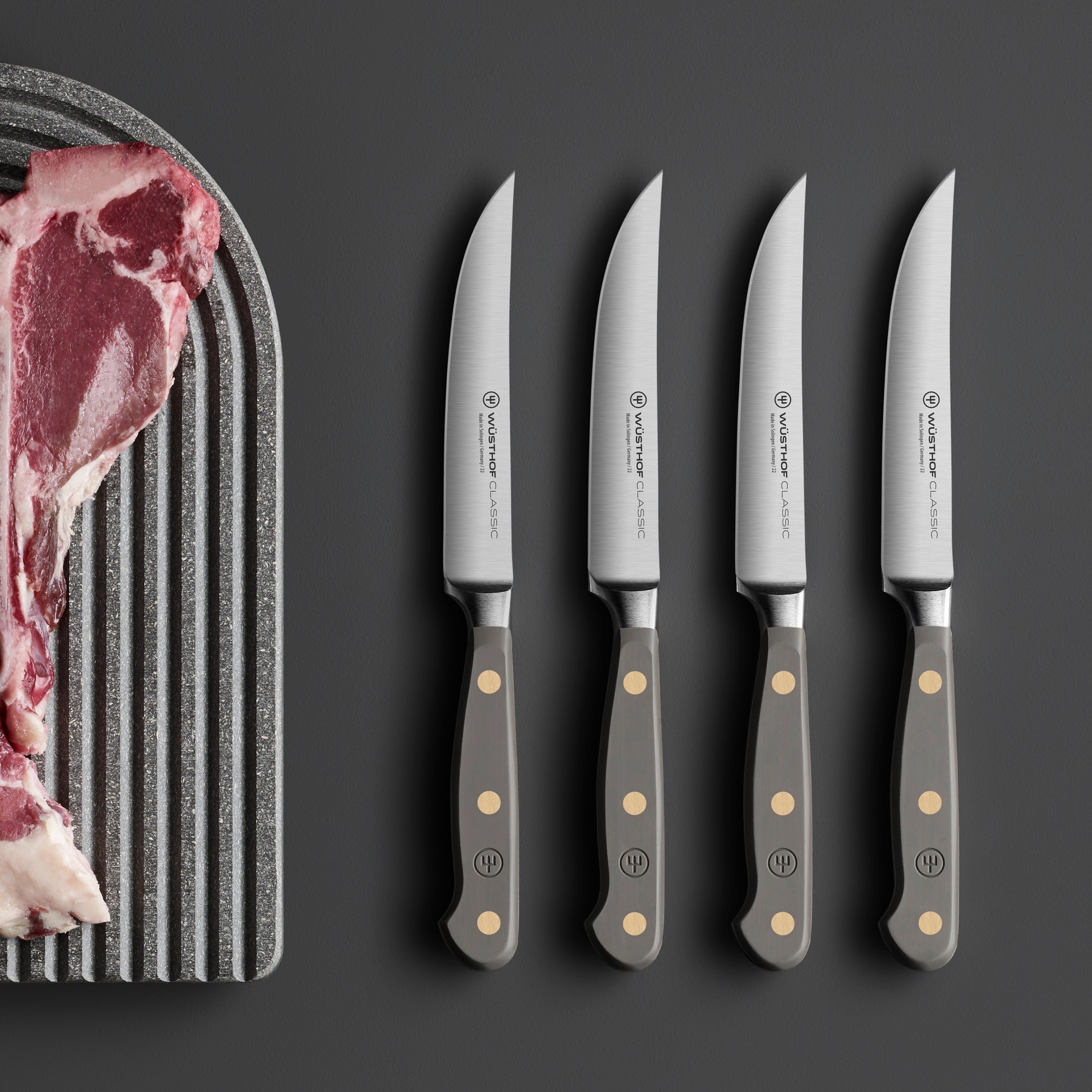 Close-up of the precision-sharpened blades of the steak knife set